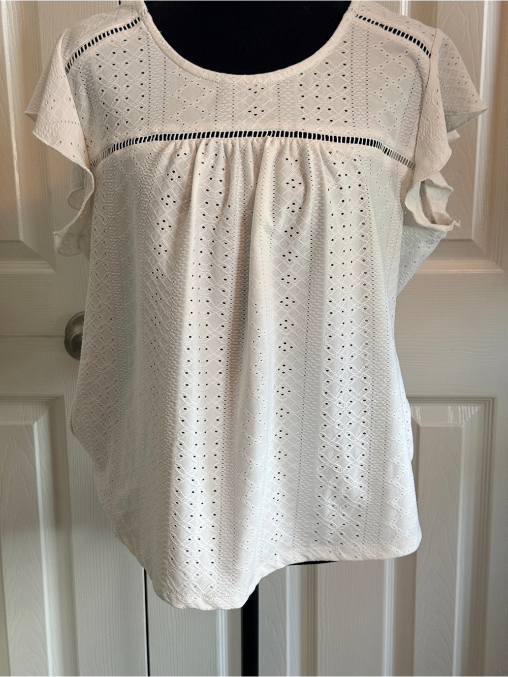 Adrienne Vittadini White Eyelet Ladder-Trim Flutter Top - Picture 1 of 7